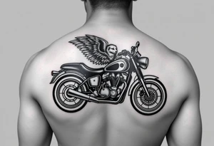 a motorcycle on it with guardian angel wolves on the bike tattoo idea
