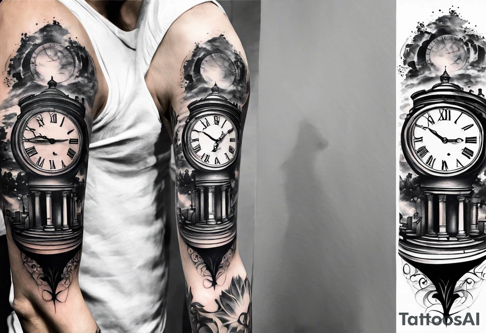 Draw me a tattoo located on the shoulder and upper arm of a man. The tattoo represents a clock with an  hourglassthere are Roman numerals in the background. It is a symbol of the passing of time. tattoo idea