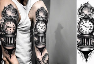Draw me a tattoo located on the shoulder and upper arm of a man. The tattoo represents a clock with an  hourglassthere are Roman numerals in the background. It is a symbol of the passing of time. tattoo idea