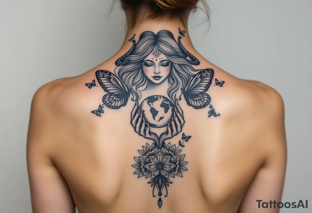 Taurus goddess with earth in her hands and butterflies and flowers all around her tattoo idea