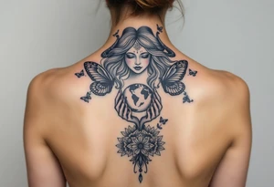 Taurus goddess with earth in her hands and butterflies and flowers all around her tattoo idea