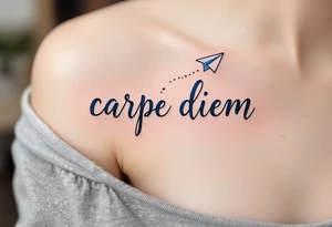 Flowing script in ink-wash gray "carpe diem", with a paper plane in pale blue flying above the phrase. tattoo idea