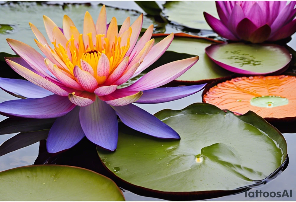 Design a tattoo Centerpiece: Blue and purple Water Lily: Place this at the center, its petals elegantly spread, symbolizing serenity. Place a blue butterfly resting on the waterlily Orange Marigold: Positioned to one side of and below the water lily, with vibrant petals, and a small bumblebee buzzing nearby. Purple Gladiolus: Tall and striking, place these on one side and above the water lily cascading slightly for a natural look. Purple Iris: Integrate these on the opposite side and above the water lily, their unique shape adding depth and contrast. Pink Rose: Position this slightly below the water lily with its delicate petals and gentle curves. Interweave around the water lily, Marigold and rose christmas holy vine with dark green leaves and red berries Vine and Leaves: Use flowing vines that interweave between the flowers, creating a cohesive look. Add leaves that vary in size and shape for a naturalistic tattoo idea