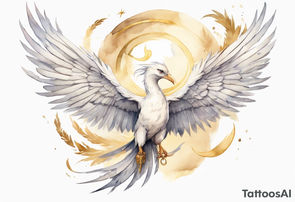 a watercolor of a white bird-serpent hybrid wearing a plain crown, with light gold wing feathers, flying in the sky tattoo idea