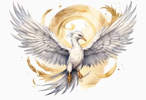 a watercolor of a white bird-serpent hybrid wearing a plain crown, with light gold wing feathers, flying in the sky tattoo idea