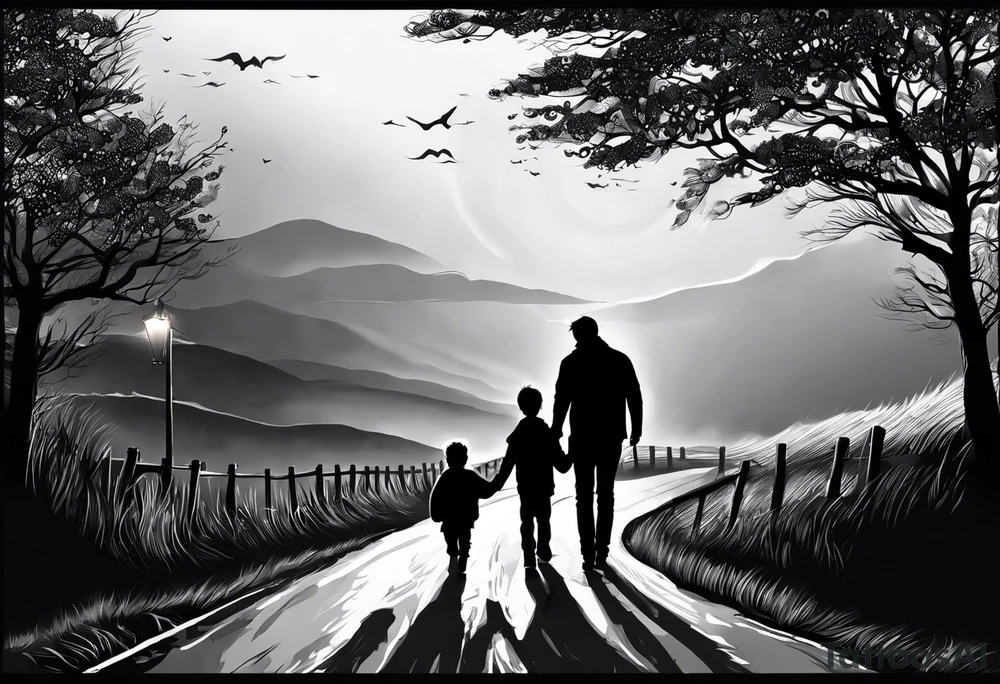 the following text: Come take my hand
We walk this road together 
through the storm
Whatever weather 
cold or warm
you're not alone
we're on the same road

plus a father and son picture with a football walking on a way 

plus a baby hand hold by an adult hand tattoo idea