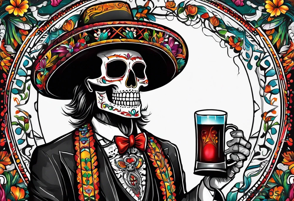 Mexico day of dead  man standing
 skeleton drink 4x6 cm tattoo idea