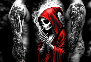 jack skellington in red king robe , smoking a blunt, in nature jungle, waterfall, birds, palm trees tattoo idea