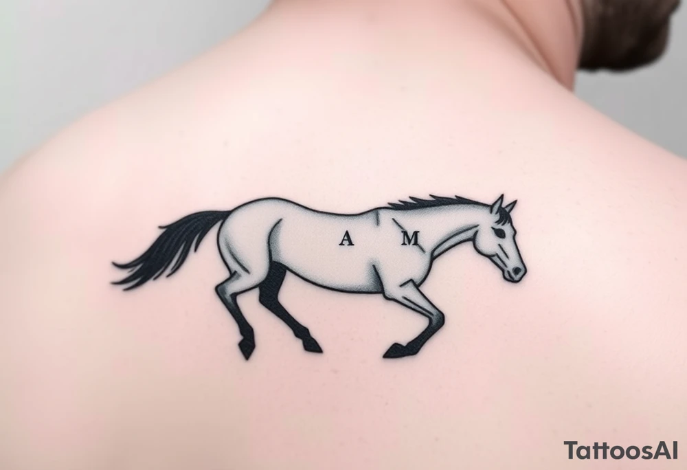 horse silhouette 
from the front which gallops from the front, with the 3 small letters discreetly integrated: L, A, M tattoo idea