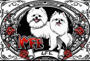 A white Bichon frise with a black pomeranian and a black doodle with the words “MFer 4 Life” tattoo idea