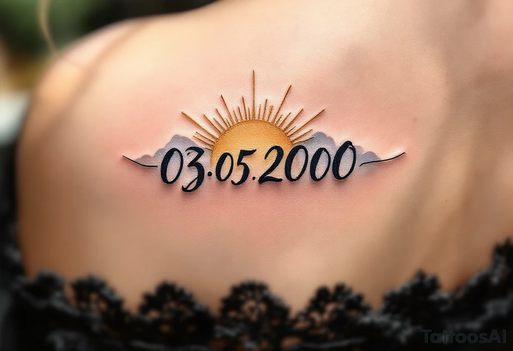 Delicate 03.05.2000 in fine-line script with golden sun rays behind the date. tattoo idea