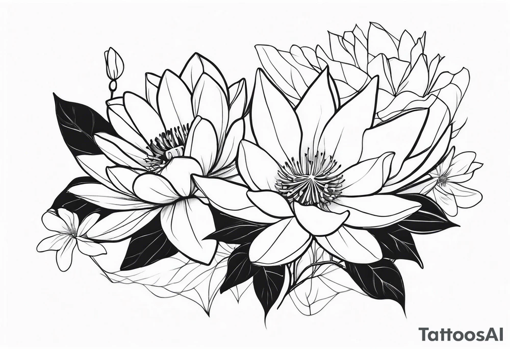 waterlily and morning glory line flower boquet tattoo idea