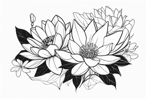 waterlily and morning glory line flower boquet tattoo idea