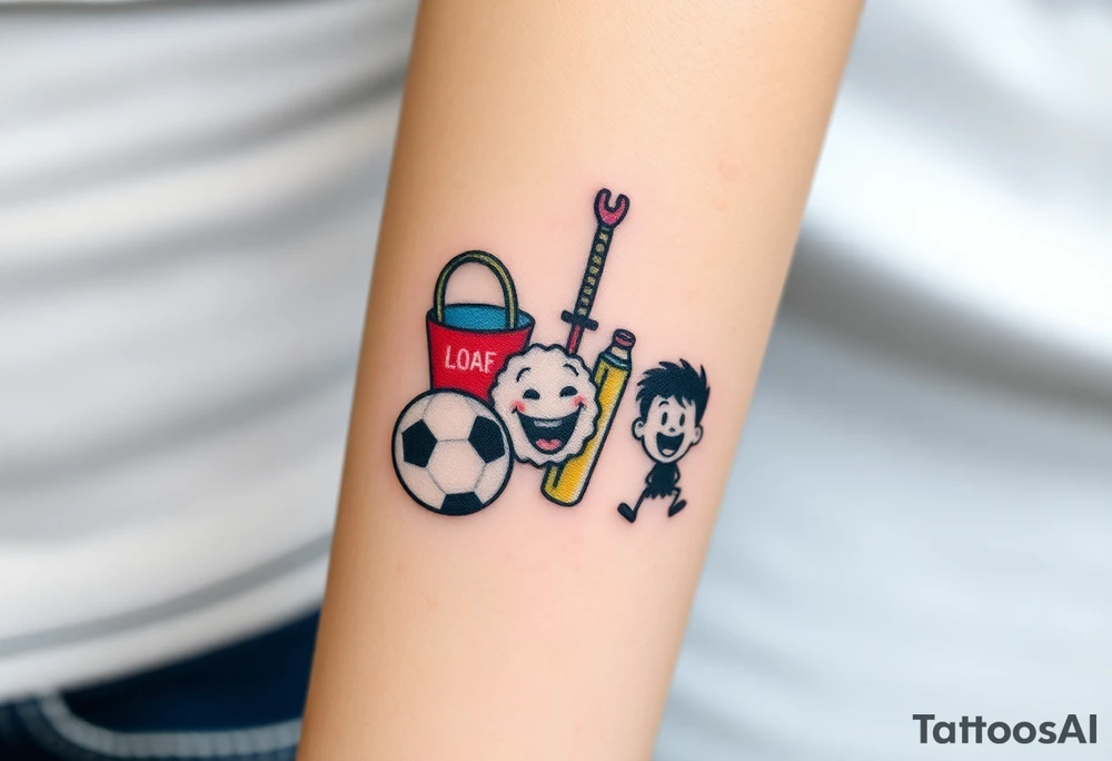 Childhood memories of a book, a bucket and spade, a football, a cricket bat, a cartoon of Dennis the Menace from the Beano comic, and the American Idiot symbol tattoo idea