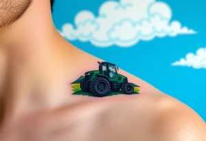 A tractor surrounded by rolling green hills, under a bright blue sky with white fluffy clouds tattoo idea