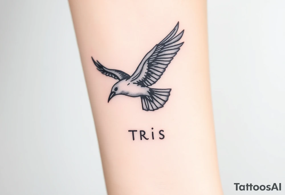 A detailed raven in mid-flight, wings spread wide with intricate feather patterns, symbolizing Tris’s journe and name TRIS tattoo idea