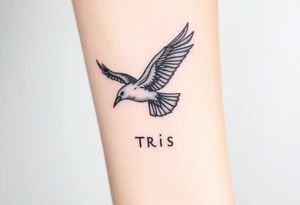 A detailed raven in mid-flight, wings spread wide with intricate feather patterns, symbolizing Tris’s journe and name TRIS tattoo idea