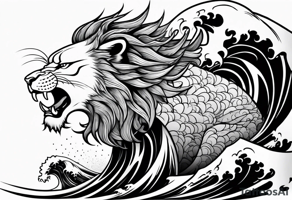samurai lion with big wave on background for arm tattoo idea