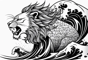 samurai lion with big wave on background for arm tattoo idea