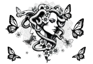 Side portrait of Medusa with snake heads, flowers, butterflies and mandala background tattoo idea