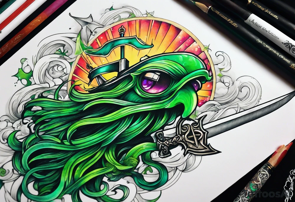 green squid with eyepatch holding sword and anchor tattoo idea