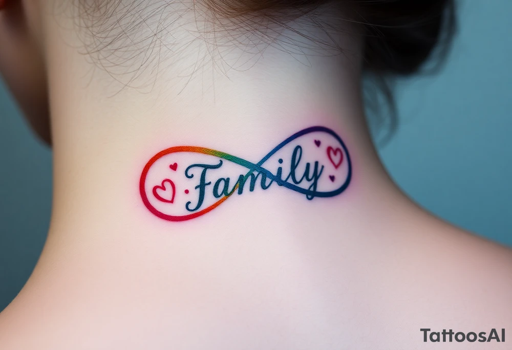 Rainbow Color infinity symbol and the word "family" engraved inside tattoo idea