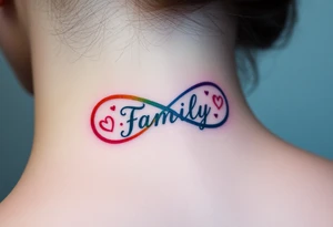 Rainbow Color infinity symbol and the word "family" engraved inside tattoo idea