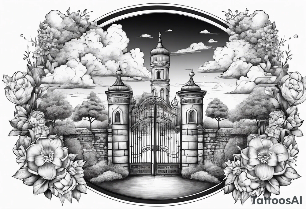 heaven town with tower houses gate entrance
in circle vignette surrounded by clouds flowers tattoo idea