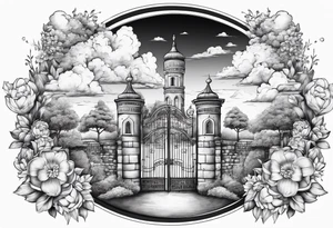 heaven town with tower houses gate entrance 
 in circle vignette surrounded by clouds flowers tattoo idea