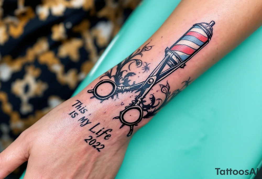 Barber Pole with scissors open 
           THIS IS MY LIFE 
                      2022 tattoo idea