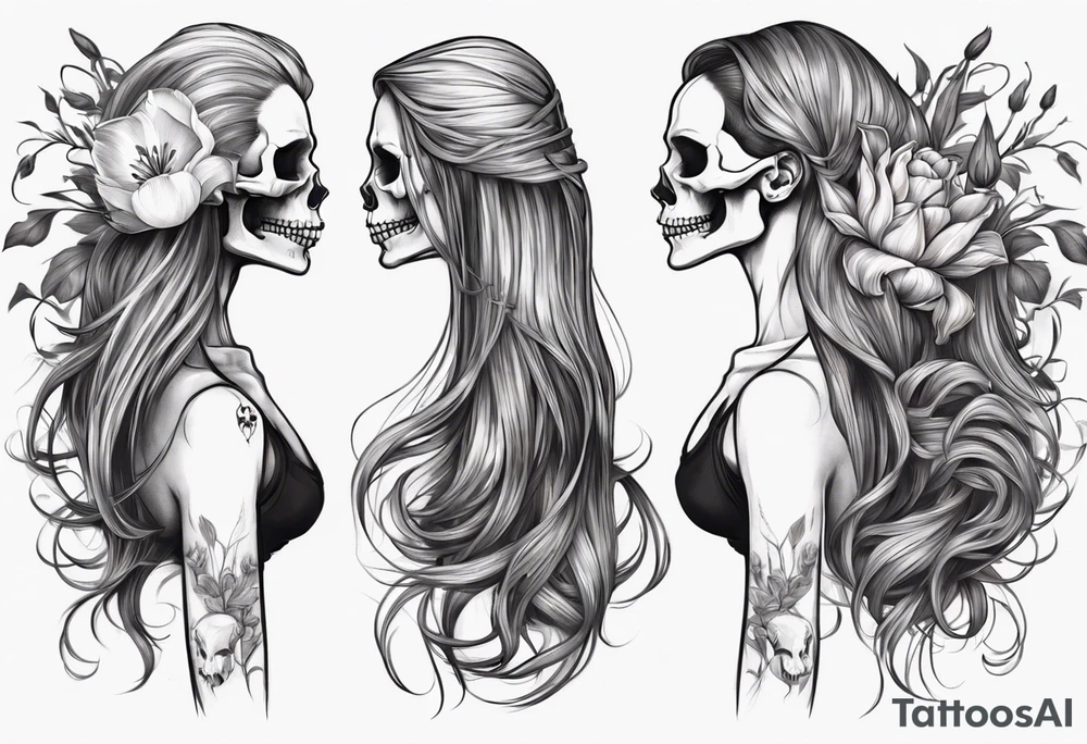 sideview of female skull with long hair and tulip bud in hair tattoo idea