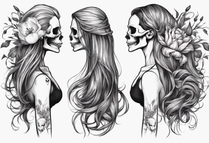 sideview of female skull with long hair and tulip bud in hair tattoo idea