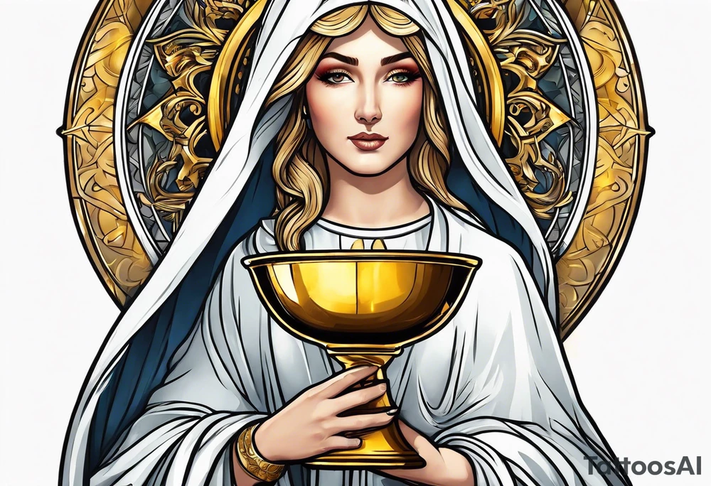 woman saint holding chalice surrounded by golden halo portrait tattoo idea