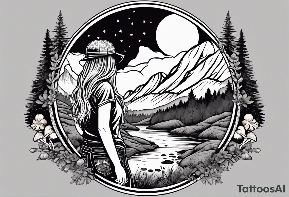Whole picture encircled fully

Straight long blonde hair hippie girl in distance holding mushrooms in hand facing away toward mountains and creek surrounded by mushrooms tee shirt and hiking pants; whole rendering within a full circle, no cut off circle tattoo idea
