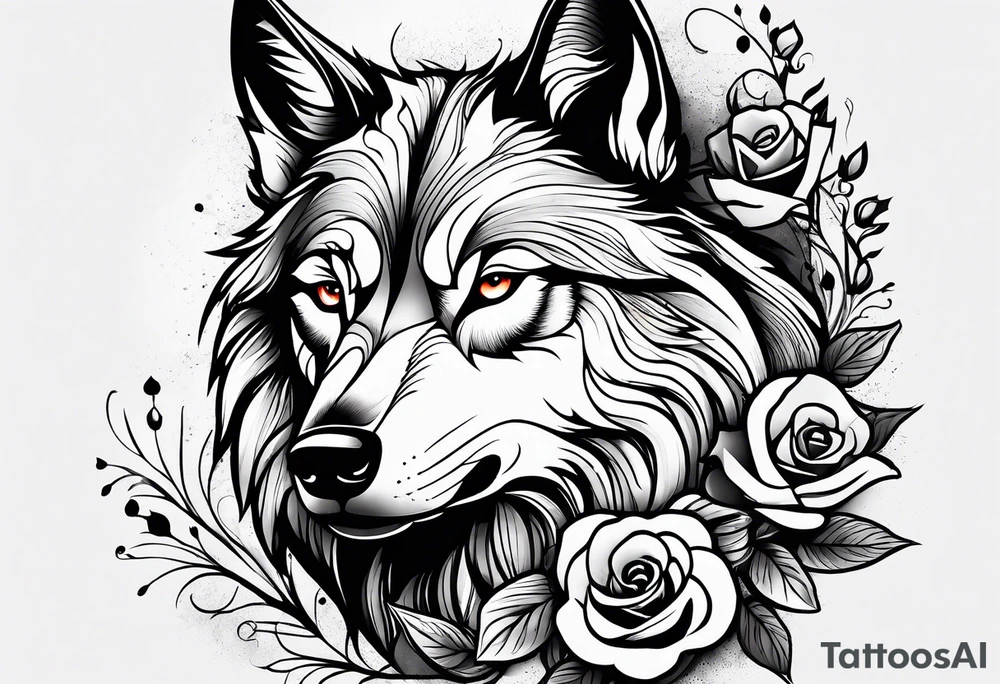 Combining the image of a wolf with roses or other floral elements, blending themes of nature and beauty with the wildness of the wolf. tattoo idea