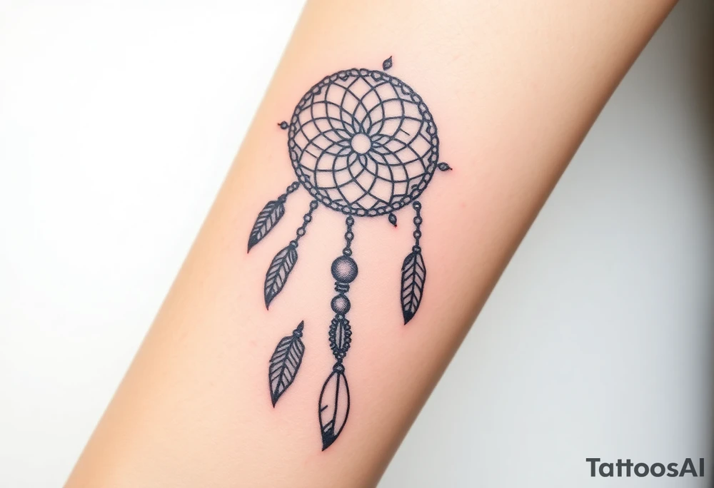 native dreamcatcher with flowing feathers and sacred beads tattoo idea