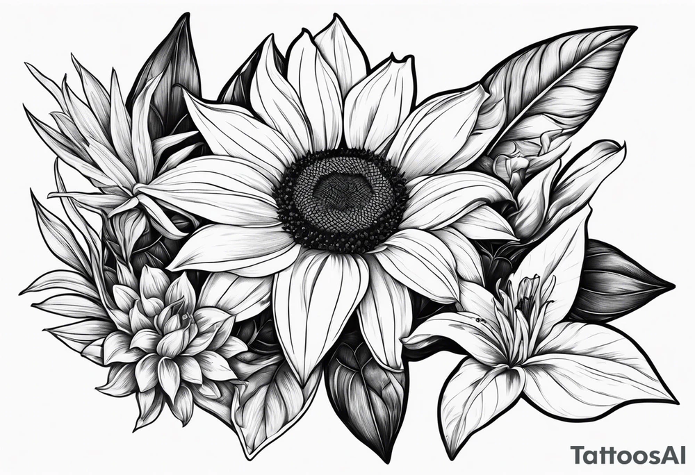 Small cluster containing a sunflower, lily, pot leaf, and a jewel tattoo idea