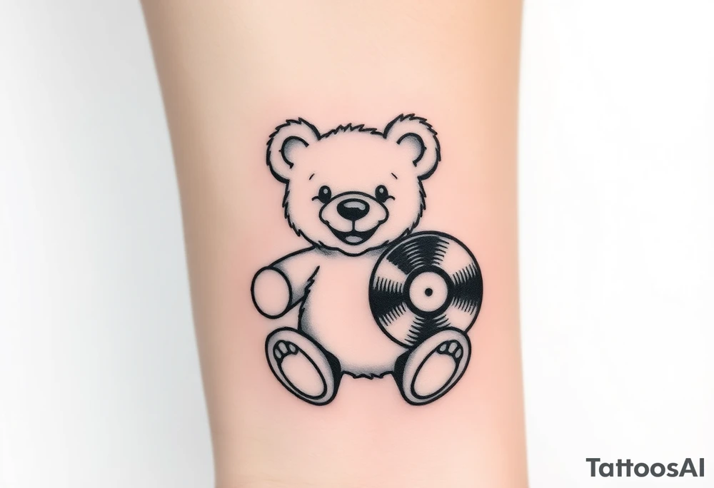 minimalist teddy bear smiling and holding a vinyl record tattoo idea