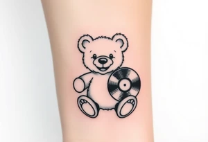 minimalist teddy bear smiling and holding a vinyl record tattoo idea