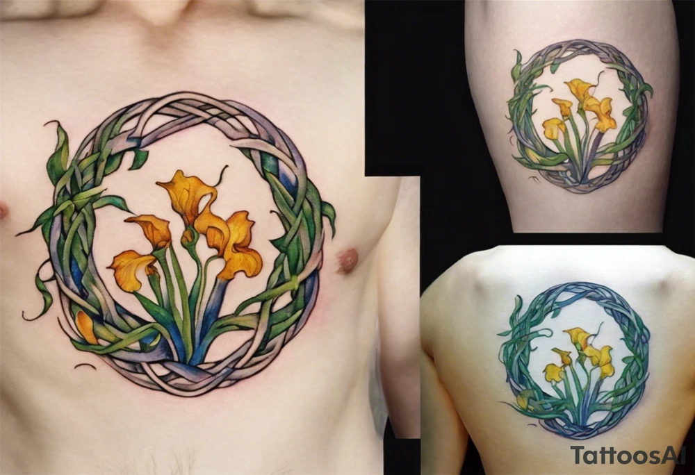 Create a small, colorful Vincent van Gogh Irises tattoo in the form of a crescent, with vines in Celtic knot style gracefully intertwining at a central point in the middle of the wreath. The intended placement is on the upper chest. The middle needs mountains. The overall design should be small in size while maintaining a delicate and artistic aesthetic. Pay attention to the graceful flow of the vines and the placement of the irises to achieve a refined and elegant look. tattoo idea