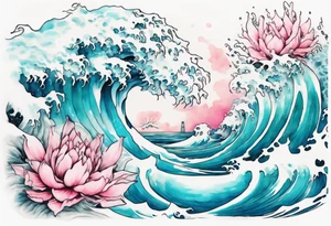 a pretty turquoise pink and white Zubeia rising from the blue waves of the ocean tattoo idea