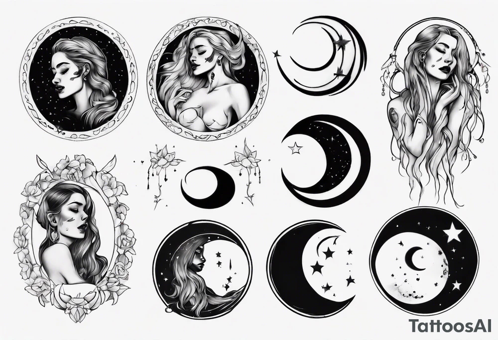 crescent moon with crying woman tattoo idea
