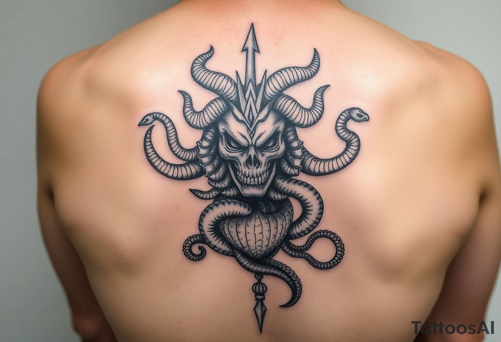 Vertical tattoo with Medusa head and coiled snakes with pirate ship with the kraken wrapped around it and poisiden at the bottom tattoo idea