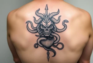 Vertical tattoo with Medusa head and coiled snakes with pirate ship with the kraken wrapped around it and poisiden at the bottom tattoo idea