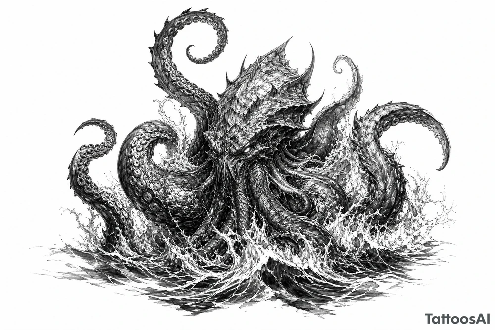 A powerful kraken-like water demon, tentacles emerging from stormy waves. tattoo idea