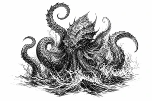 A powerful kraken-like water demon, tentacles emerging from stormy waves. tattoo idea