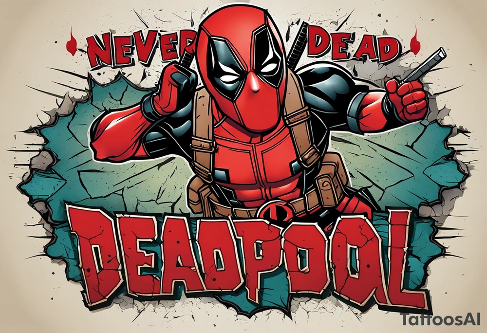 Banner with Text: A worn, dark banner wraps around Deadpool with the phrase "NEVER DEAD" in bold, cracked letters that give a strong and aggressive impression. The banner has small torn details, as if it’s been through rough conditions, with shading that adds depths. tattoo idea