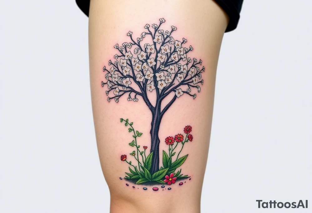 Lilly of the vally plants underneath a blooming hawthorn tree with other colorful plants on ground tattoo idea