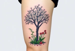 Lilly of the vally plants underneath a blooming hawthorn tree with other colorful plants on ground tattoo idea