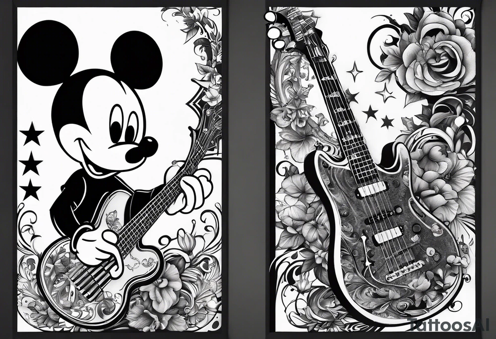 Collage for full sleeve with:
2 stars, 
1 quarter moon, 
a bass guitar, 
a caduceus symbol and 
a mickey mouse shadow tattoo idea